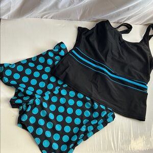 Speedo Women's Black Swim Top with Blue Stripes and Polka dots bottom